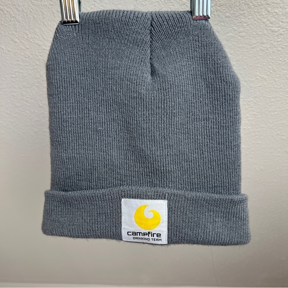 FUEGO/SALT ATTIC 100% Acrylic knit Beanie. “Campfire Drinking Team”. Gray